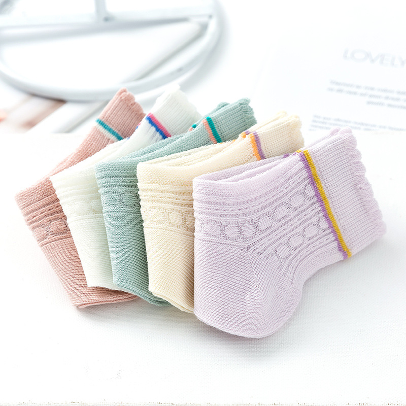 5 pairs of children's socks, cute baby girls' thin cotton socks, summer breathable mesh mid-calf girls' socks for delivery Specification image
