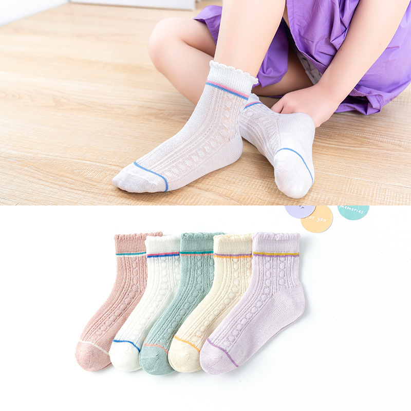 5 pairs of children's socks, cute baby girls' thin cotton socks, summer breathable mesh mid-calf girls' socks for delivery