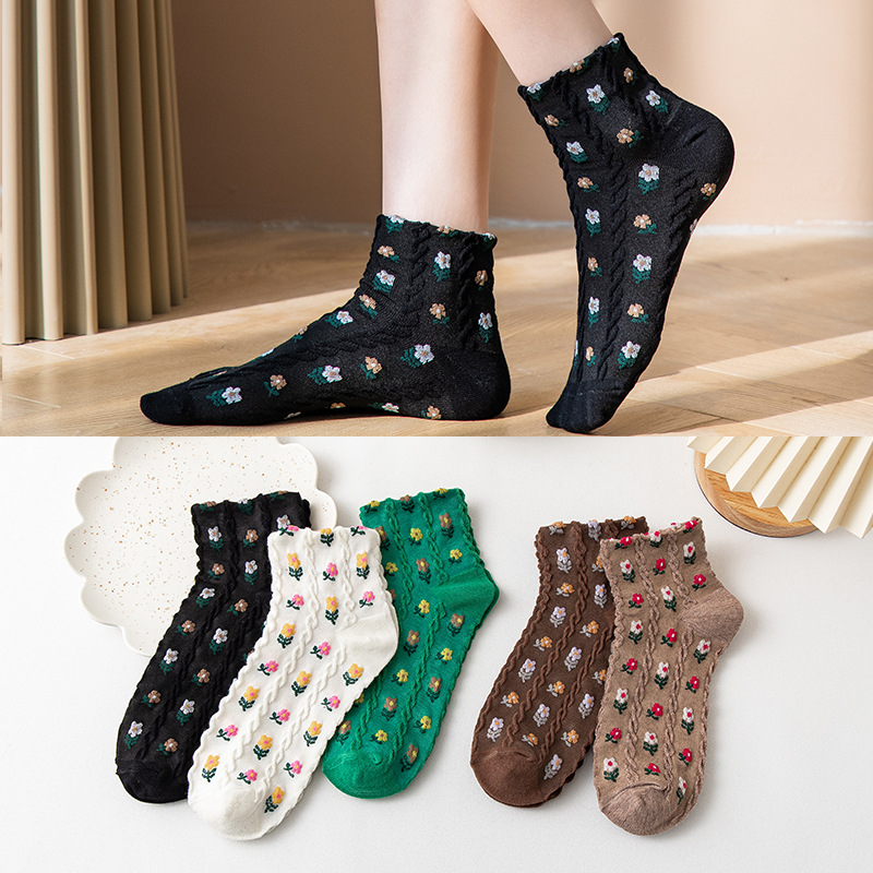 袜子女薄款麻花短袜 春夏季森系小花袜 低帮短筒透气棉袜一件代发