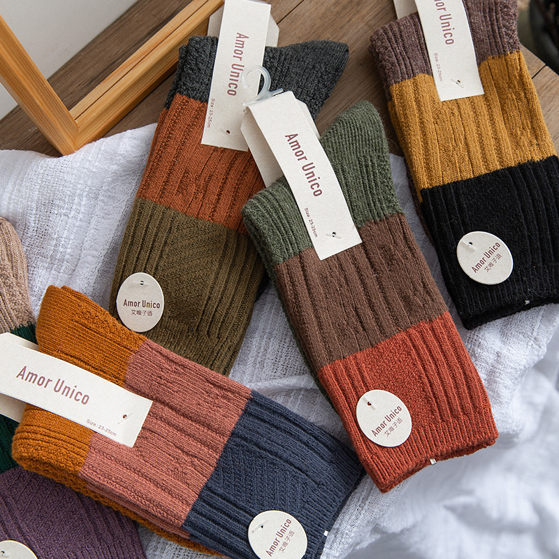 Women's thick-knit three-color patchwork socks, spring and autumn Japanese-style women's mid-calf socks, fashionable cotton socks, one-piece consignment Specification image