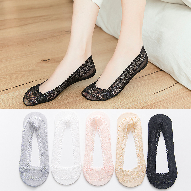 Shallow-mouthed lace silicone anti-slip and anti-disengagement boat socks, invisible boat socks, cotton foot sole, women's lace short socks factory direct sales