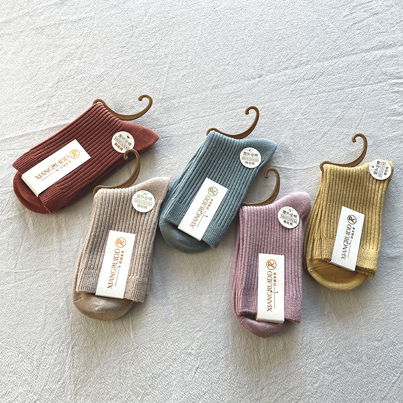 Wholesale of solid color casual combed cotton mid-calf socks and candy-colored double-needle women's socks for autumn and winter 2021 details Picture