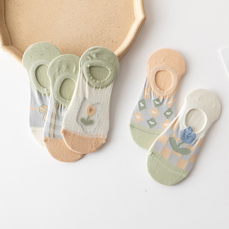 New women's green checkered cute cotton socks, summer thin shallow-mouthed short socks in stock, invisible socks available for shipment