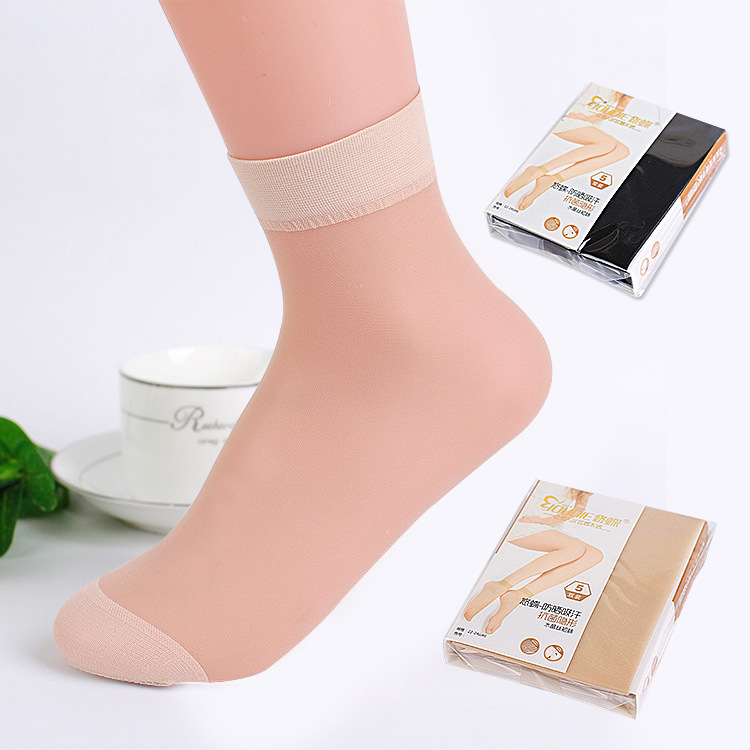 C1652 Thin crystal hosiery silk hosiery ladies transparent socks summer 5 pairs of hardcover short tube invisible socks for hair full figure