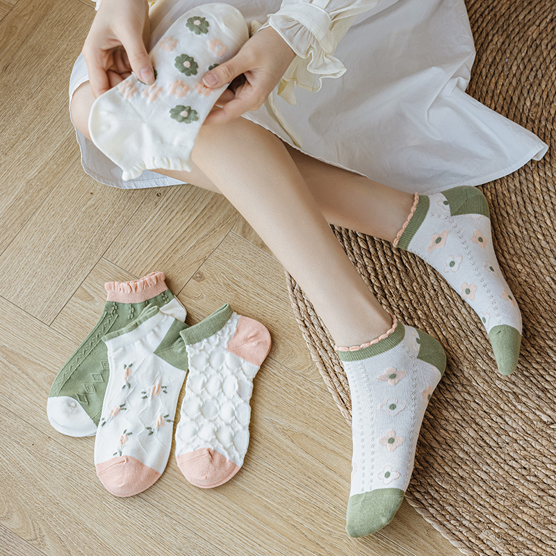 春夏季袜子女低帮短筒棉袜 日系浅口透气船袜 绿色系短袜一件代发