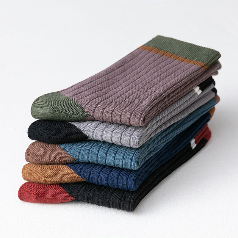 Spring and autumn color-matched long socks, breathable and anti-friction cotton socks, men's five-pair mid-calf socks, one-piece consignment details Picture