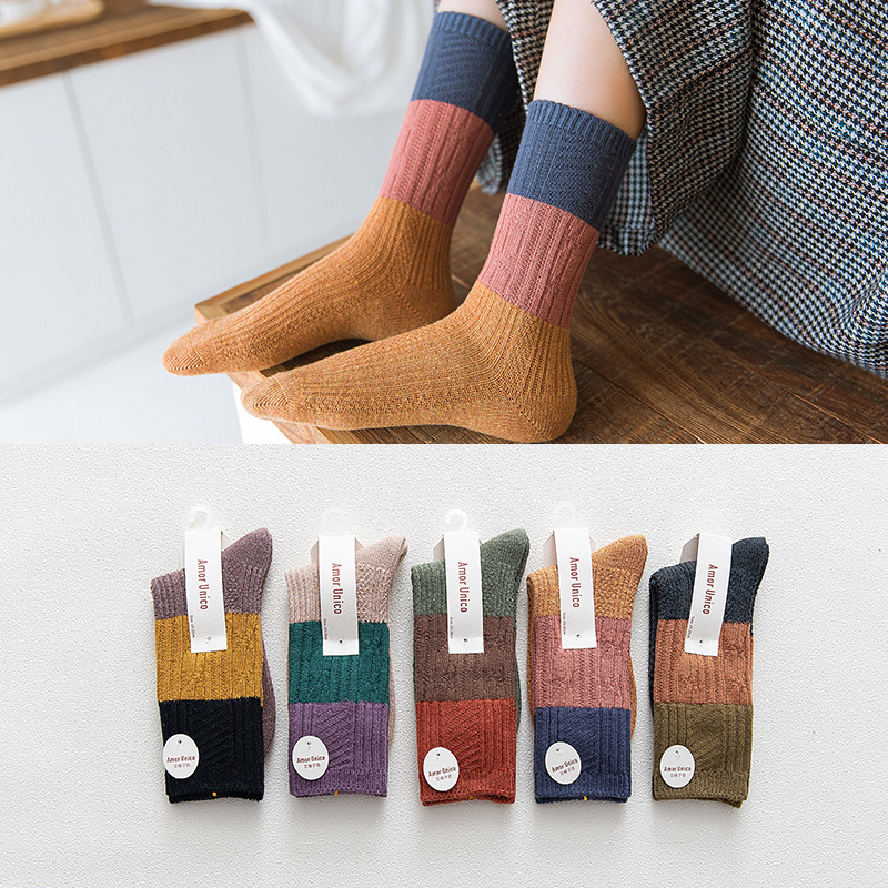 Women's thick-knit three-color patchwork socks, spring and autumn Japanese-style women's mid-calf socks, fashionable cotton socks, one-piece consignment