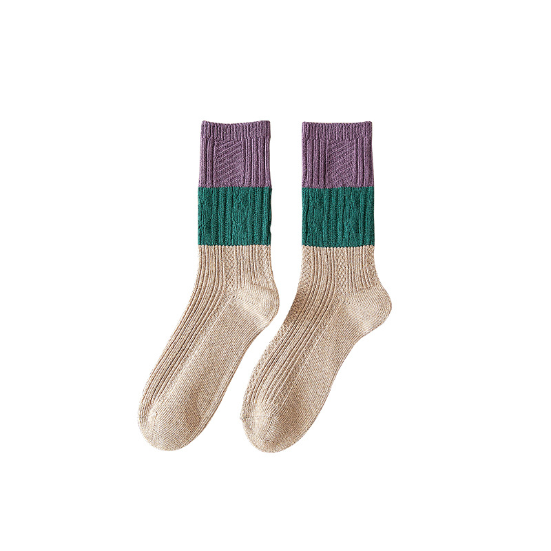 Women's thick-knit three-color patchwork socks, spring and autumn Japanese-style women's mid-calf socks, fashionable cotton socks, one-piece consignment Item Picture