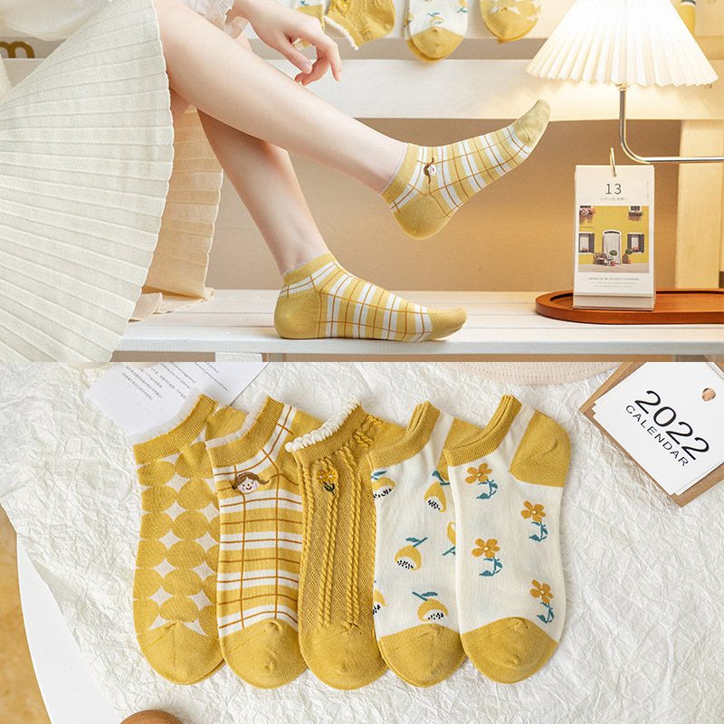 春夏季新款袜子女短袜 日系刺绣黄色系棉袜 薄款透气船袜一件代发
