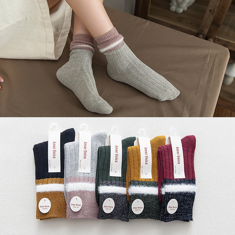 Spring and Autumn New double-needle silver thread buttonhole color-blocked pile socks, Japanese-style school wind cotton socks manufacturer wholesale