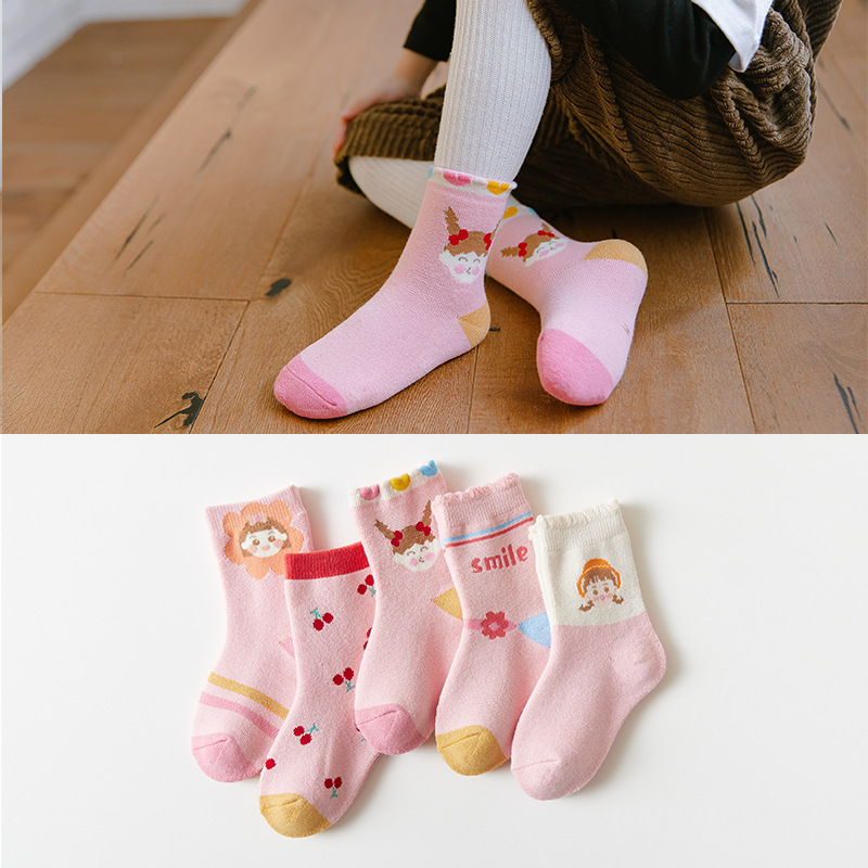 Winter thickened loop socks for children, cute pink cartoon mid-calf socks for baby girls, warm cotton socks for hair replacement