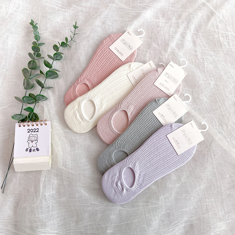 Summer double-needle strip invisible socks from Japanese brand new solid color vertical strip silicone non-falling heel thin style shallow opening wholesale details Picture