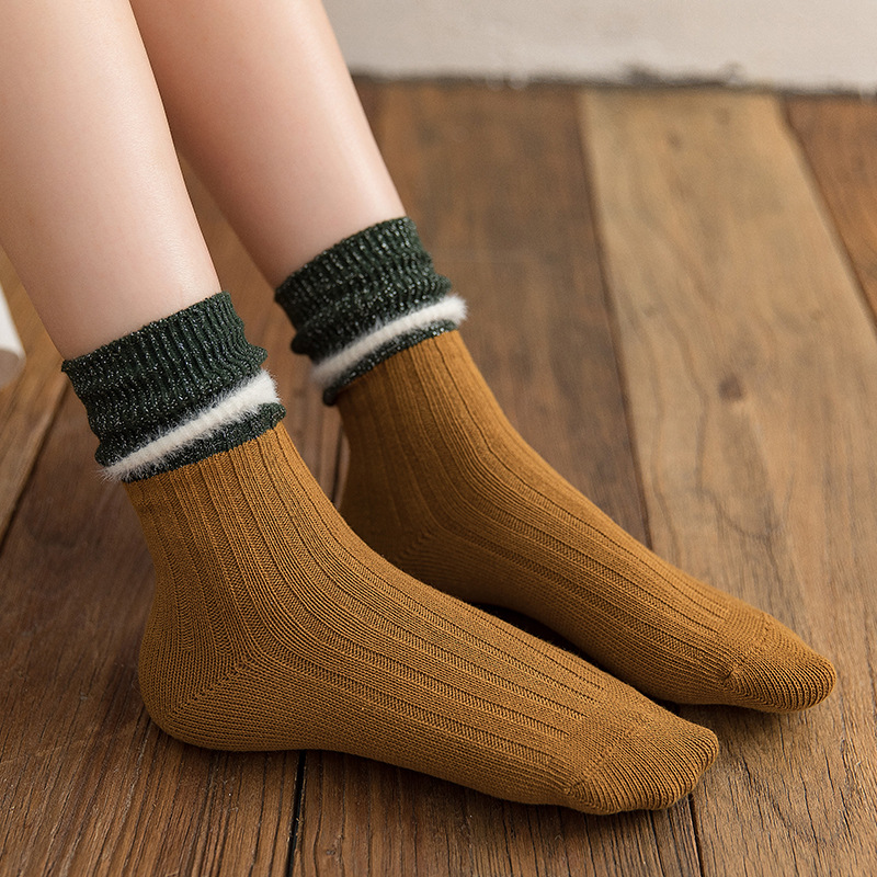 Spring and Autumn New double-needle silver thread buttonhole color-blocked pile socks, Japanese-style school wind cotton socks manufacturer wholesale details Picture
