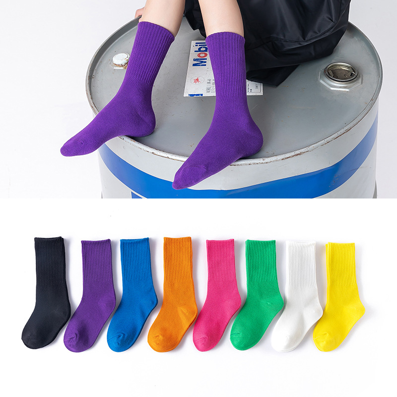 2022 Autumn and winter children's socks, solid color girls' socks, high rubber band sports cotton socks, breathable manufacturer's consignment