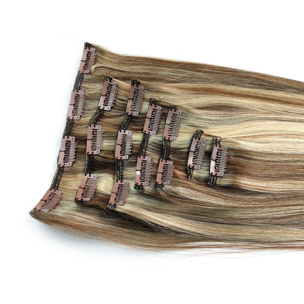 European and American real person hair clip hair intercolor #6/613 high-amplitude hair extension 7-piece set Clip hair Item Picture