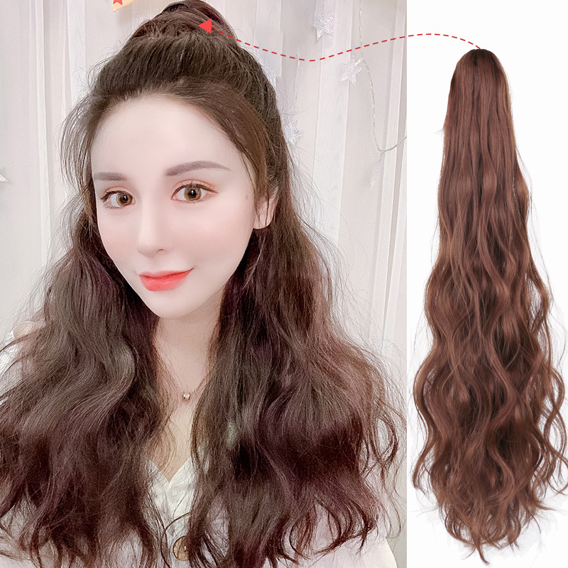 A long female hair with a ponytail, a clipped ponytail wig, a braid, a corn perm, a wig piece, and a trendy long curly hair with a tie
