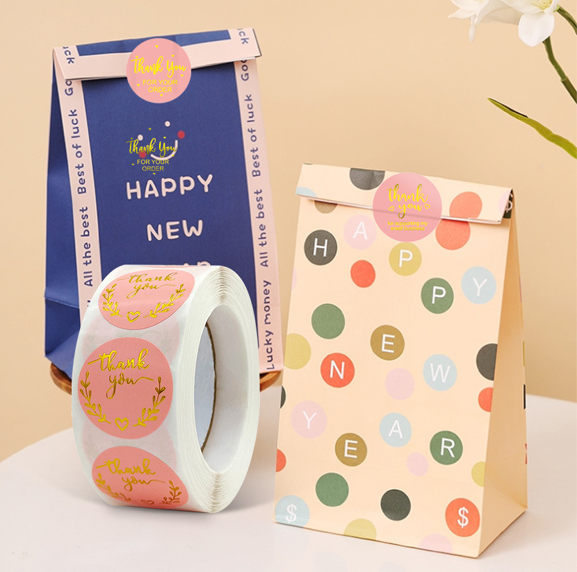 现货批发外贸爆款卷装感谢粉色圆形不干胶贴纸烘焙装饰手工标签