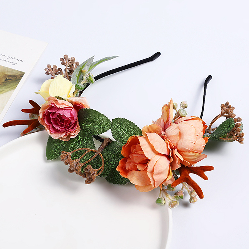New bride's wreath headwear, handcrafted silk fabric faux flower headband, forest-style headband, Christmas antler headband details Picture