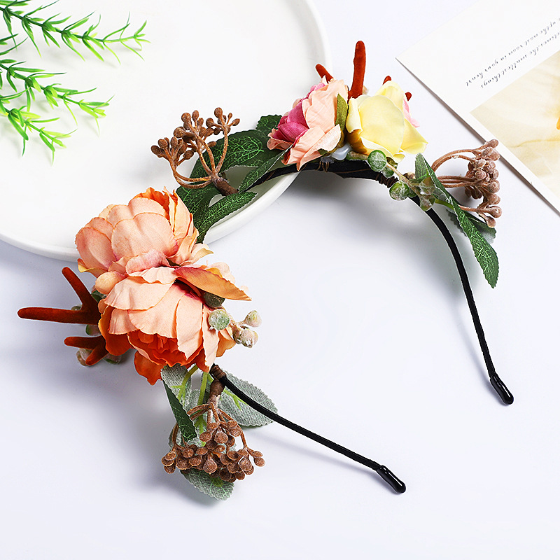 New bride's wreath headwear, handcrafted silk fabric faux flower headband, forest-style headband, Christmas antler headband