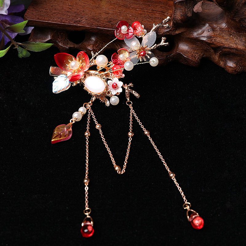 Wholesale of Hanfu earrings with a pair of red crystal Hanfu accessory sets featuring ancient-style stepping tassels details Picture