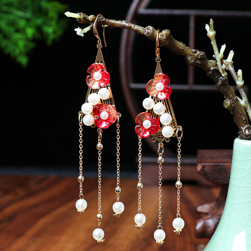 Wholesale of Hanfu earrings with a pair of red crystal Hanfu accessory sets featuring ancient-style stepping tassels Specification image