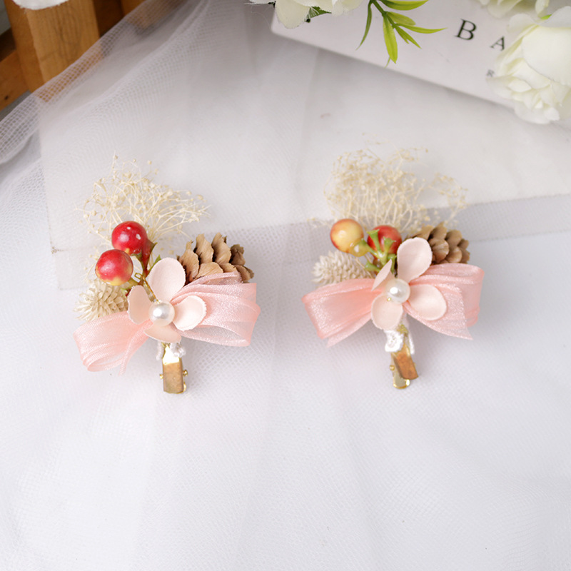 Korean-style forest-themed headwear: starry sky dried flower pair, pink bow, everlasting flower hairpin, pinecone sweet headwear details Picture