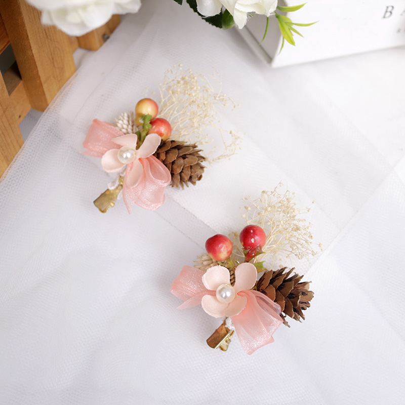Korean-style forest-themed headwear: starry sky dried flower pair, pink bow, everlasting flower hairpin, pinecone sweet headwear Specification image