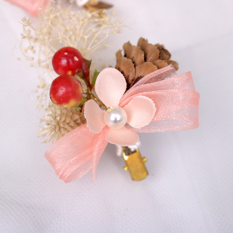 Korean-style forest-themed headwear: starry sky dried flower pair, pink bow, everlasting flower hairpin, pinecone sweet headwear Item Picture