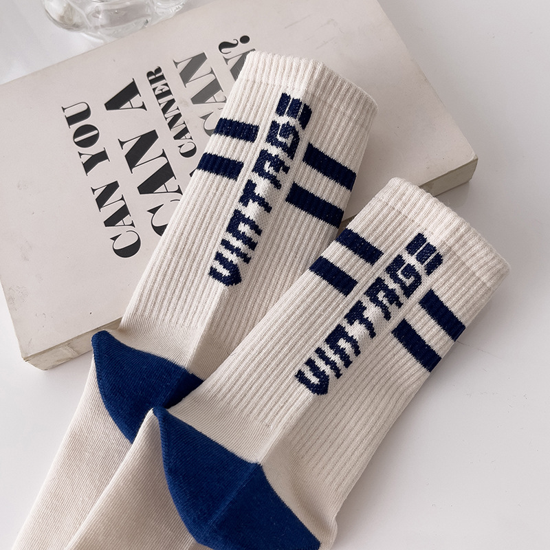 Autumn sports style stockings, basketball socks, women's striped cotton socks, Klein blue long breathable women's socks, hair replacement details Picture