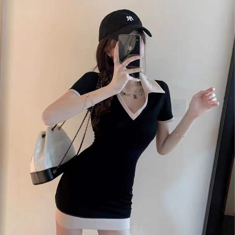 The 2022 summer new style of Spicy girl POLO collar dress for women, a slimming and waist-cinching pure and stylish short-sleeved dress that covers the buttocks