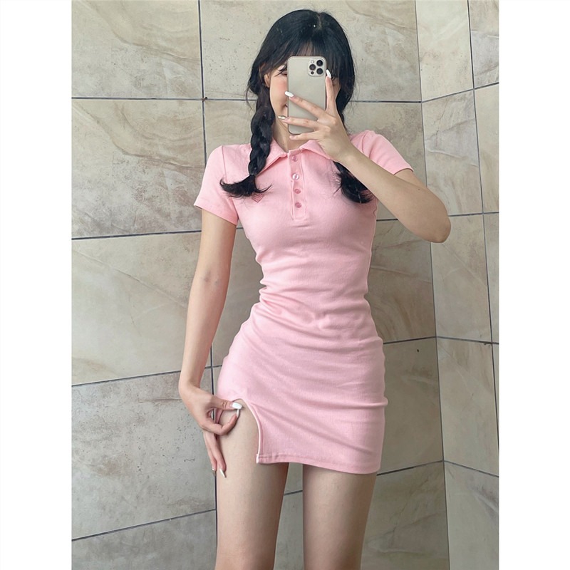 POLO collar hot girl retro casual ribbed knitted body-hugging dress 2022 summer fitted embroidered slit short skirt details Picture