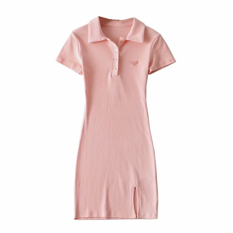 POLO collar hot girl retro casual ribbed knitted body-hugging dress 2022 summer fitted embroidered slit short skirt Item Picture