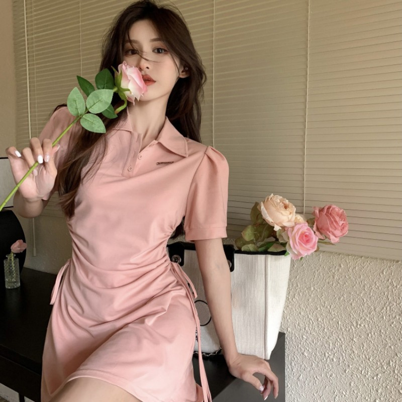polo collar dress for women's summer 2022 new style fairy drawstring petite waist-cinching and figure-hugging sweet and spicy pure and elegant short skirt Specification image