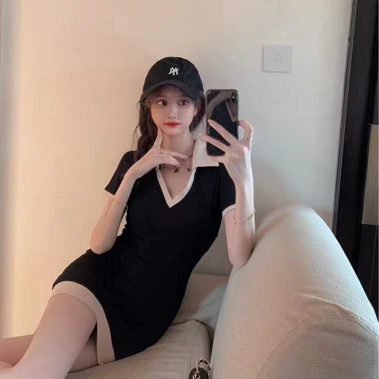 The 2022 summer new style of Spicy girl POLO collar dress for women, a slimming and waist-cinching pure and stylish short-sleeved dress that covers the buttocks Item Picture