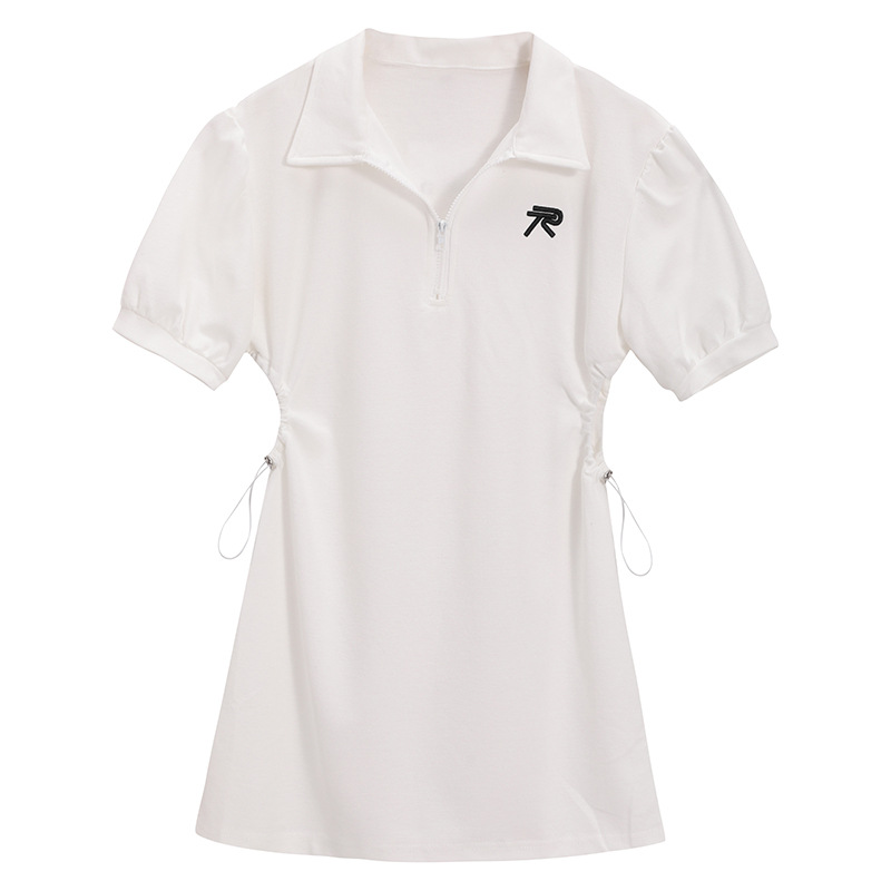 A new 2022 Hong Kong-style design dress for women, featuring letter-embroidered, niche POLO collar, cinched waist, drawstring and exposed waist Item Picture