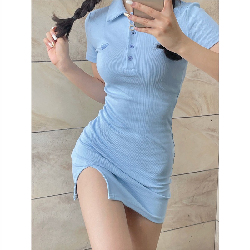 POLO collar hot girl retro casual ribbed knitted body-hugging dress 2022 summer fitted embroidered slit short skirt Application Scenario