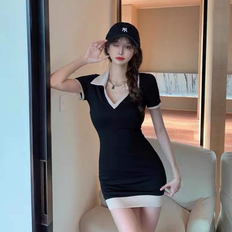 The 2022 summer new style of Spicy girl POLO collar dress for women, a slimming and waist-cinching pure and stylish short-sleeved dress that covers the buttocks Specification image