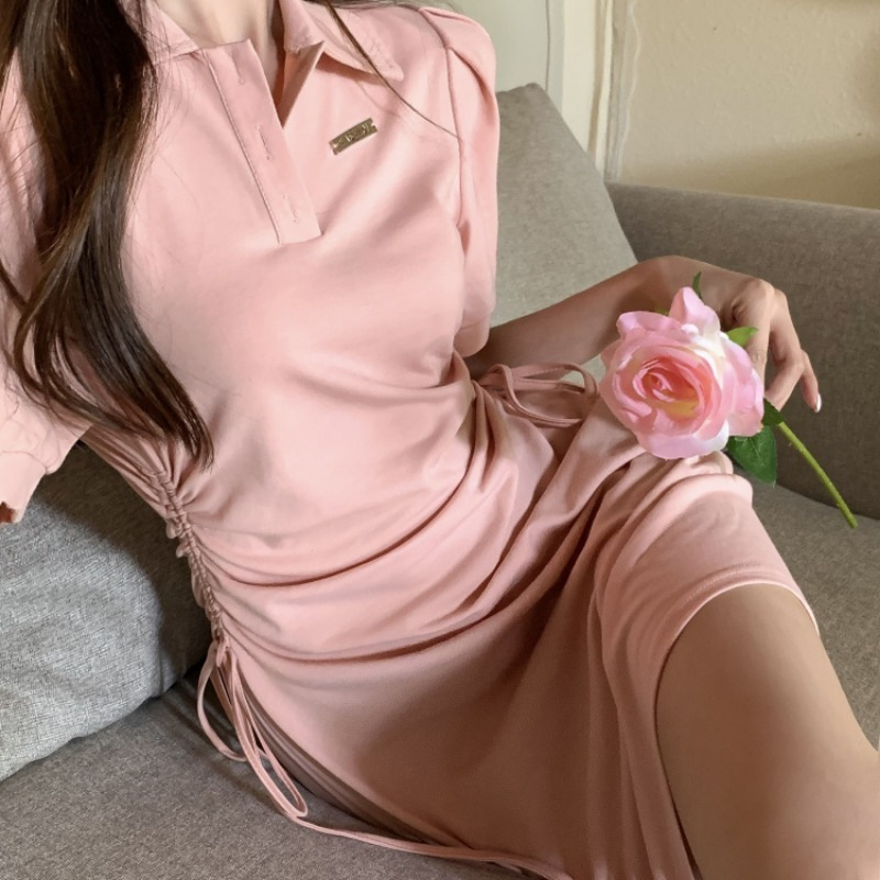 polo collar dress for women's summer 2022 new style fairy drawstring petite waist-cinching and figure-hugging sweet and spicy pure and elegant short skirt Item Picture