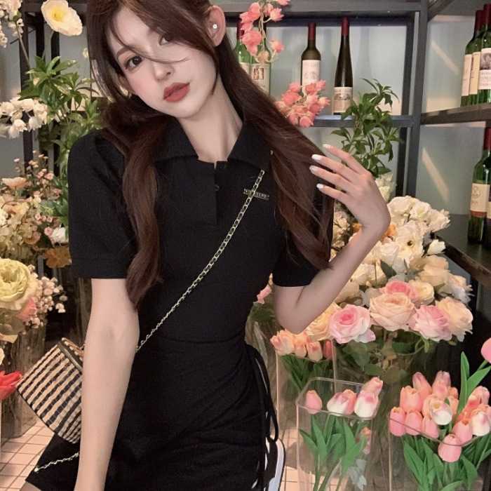 polo collar dress for women's summer 2022 new style fairy drawstring petite waist-cinching and figure-hugging sweet and spicy pure and elegant short skirt details Picture