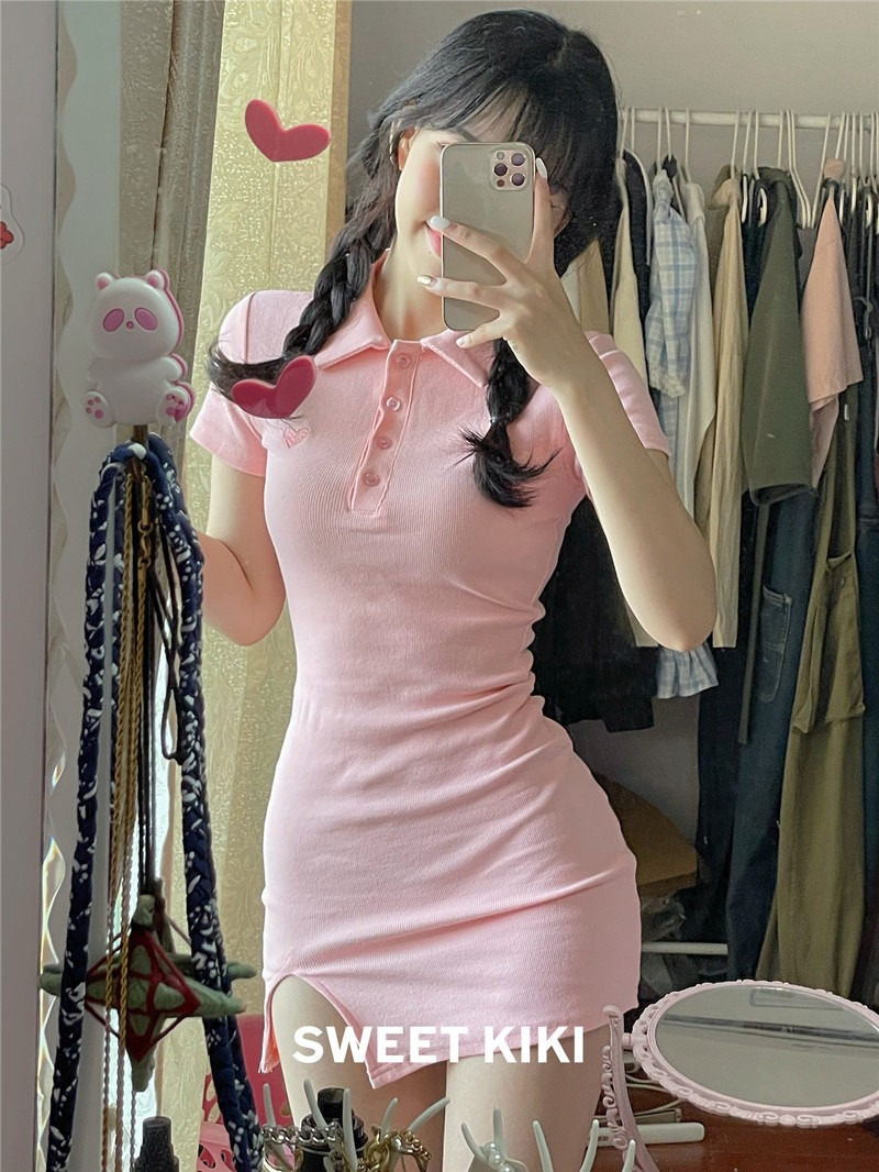POLO collar hot girl retro casual ribbed knitted body-hugging dress 2022 summer fitted embroidered slit short skirt