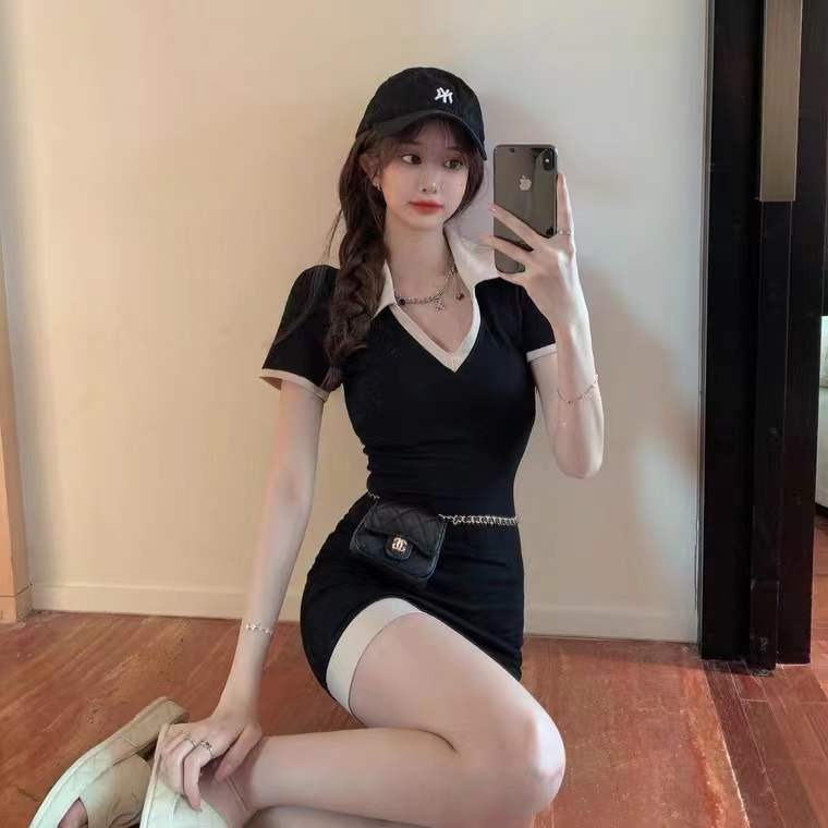 The 2022 summer new style of Spicy girl POLO collar dress for women, a slimming and waist-cinching pure and stylish short-sleeved dress that covers the buttocks Application Scenario