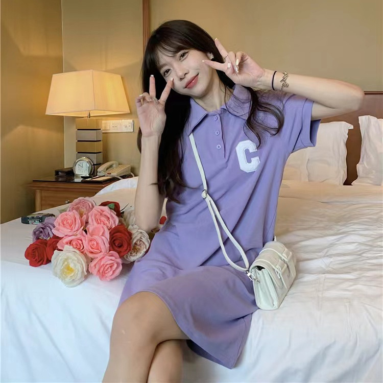 College-style grey short-sleeved polo-neck T-shirt dress for petite women, summer design sense, niche mid-length T-shirt Specification image