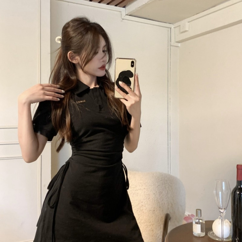 polo collar dress for women's summer 2022 new style fairy drawstring petite waist-cinching and figure-hugging sweet and spicy pure and elegant short skirt Application Scenario