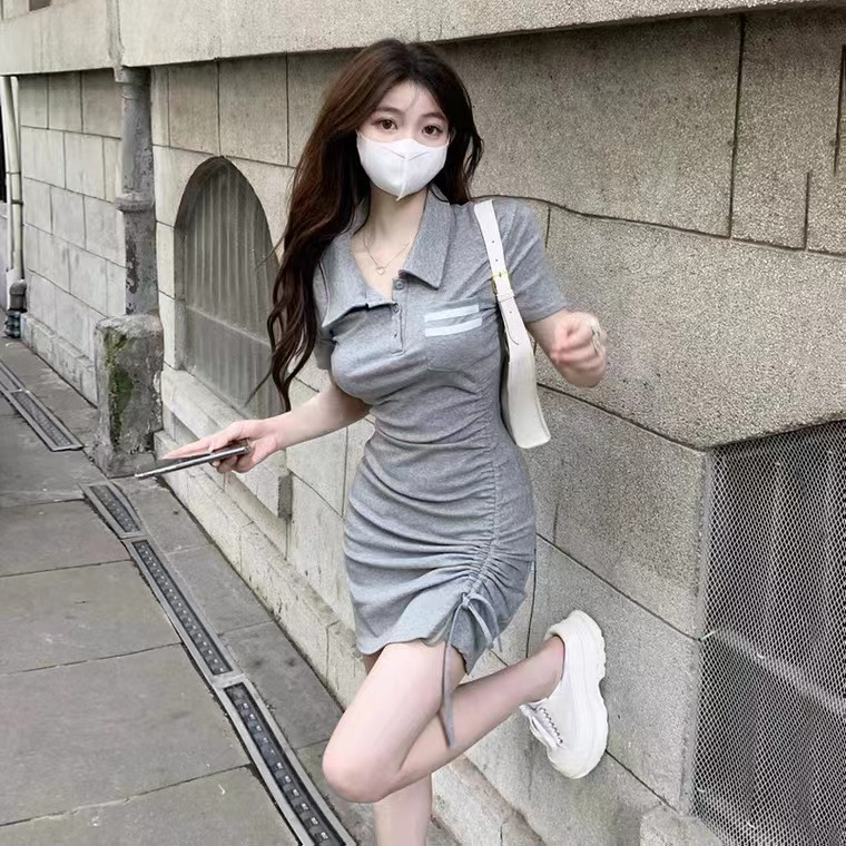 French-style, pure and sweet, petite, pure and sensual, hot girl, gentle style, high-end, hip-hugging, polo collar dress for women in summer details Picture