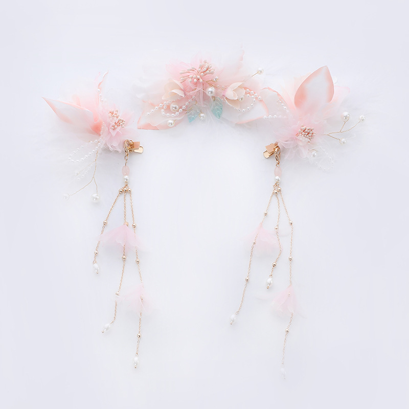 Factory direct supply of light pink fabric firework chicken feather decorated women's metal hairpins with long tassels, ancient-style Hanfu accessories Item Picture