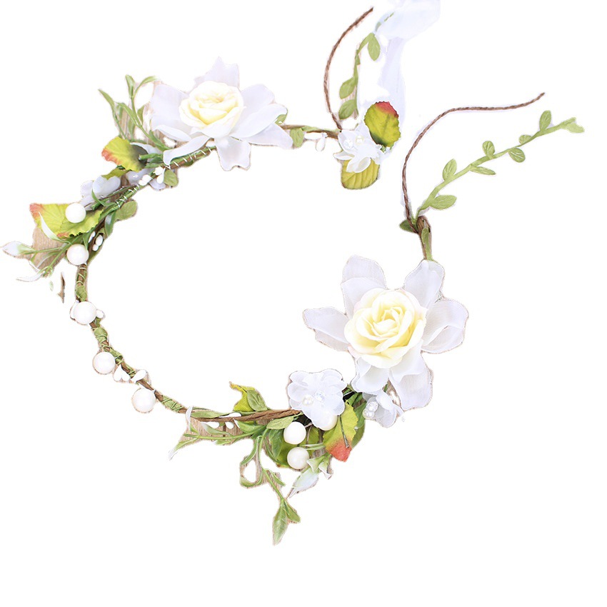 European and American flower wreath bridal veil, handcrafted white rose rattan flower wreath, seaside bridal flower wreath headwear in stock and wholesale Item Picture