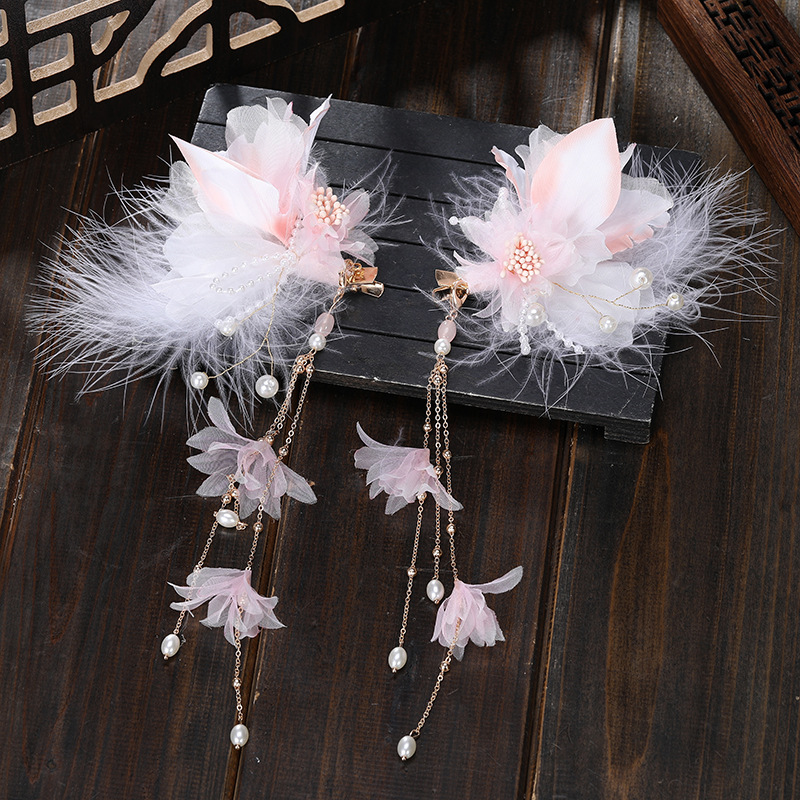 Factory direct supply of light pink fabric firework chicken feather decorated women's metal hairpins with long tassels, ancient-style Hanfu accessories details Picture