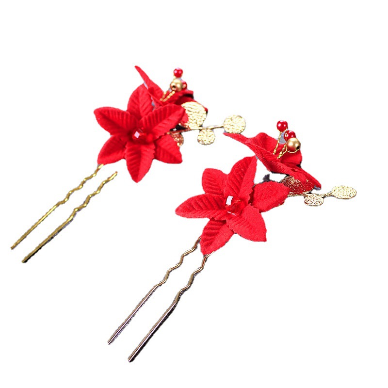 Wholesale of Chinese-style wedding simulation flower ancient-style bride hair accessories, ancient-style crop dress, red velvet hairpins and other accessories Item Picture