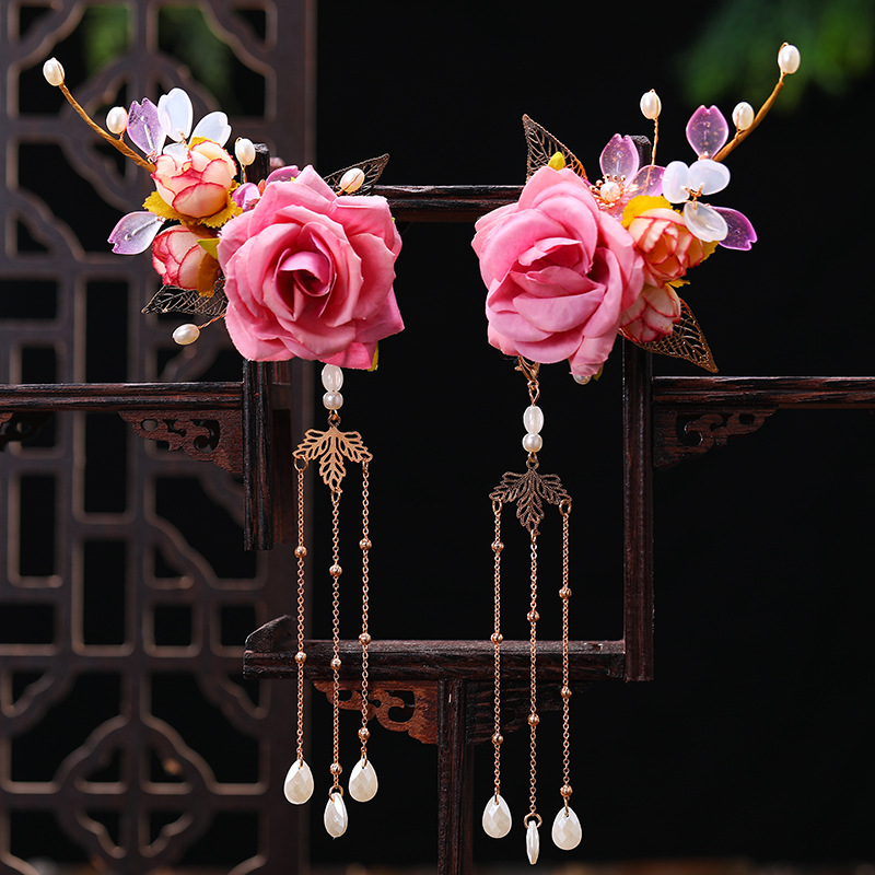 Fashionable pearl long tassel style women's ancient style flanged fabric large flower decoration women's elegant metal pair
