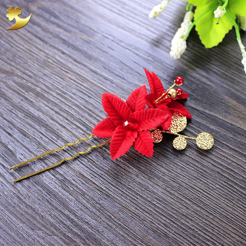 Wholesale of Chinese-style wedding simulation flower ancient-style bride hair accessories, ancient-style crop dress, red velvet hairpins and other accessories details Picture